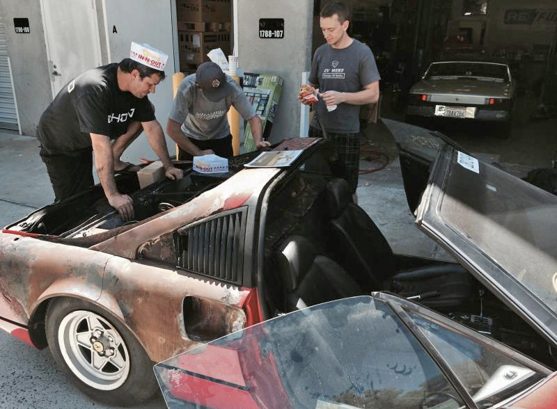 The car-b-que’d Ferrari as it arrived at EV West on the first day of the project (Image Credit: Electric GT)